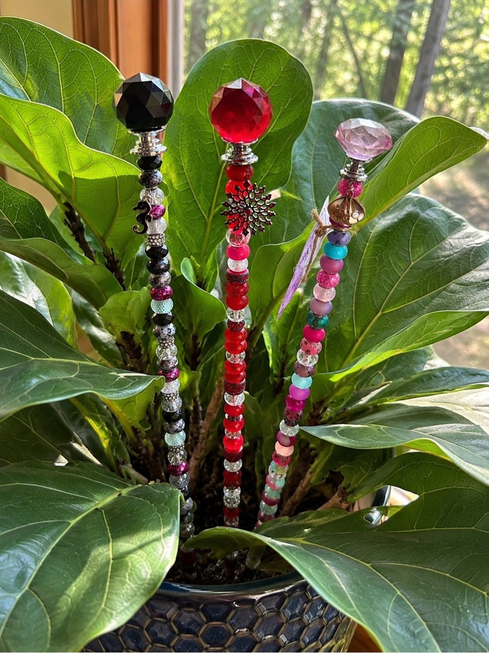 Handmade Beaded Crystal Topstick - Red, Black & Pink Accent Jewelry
